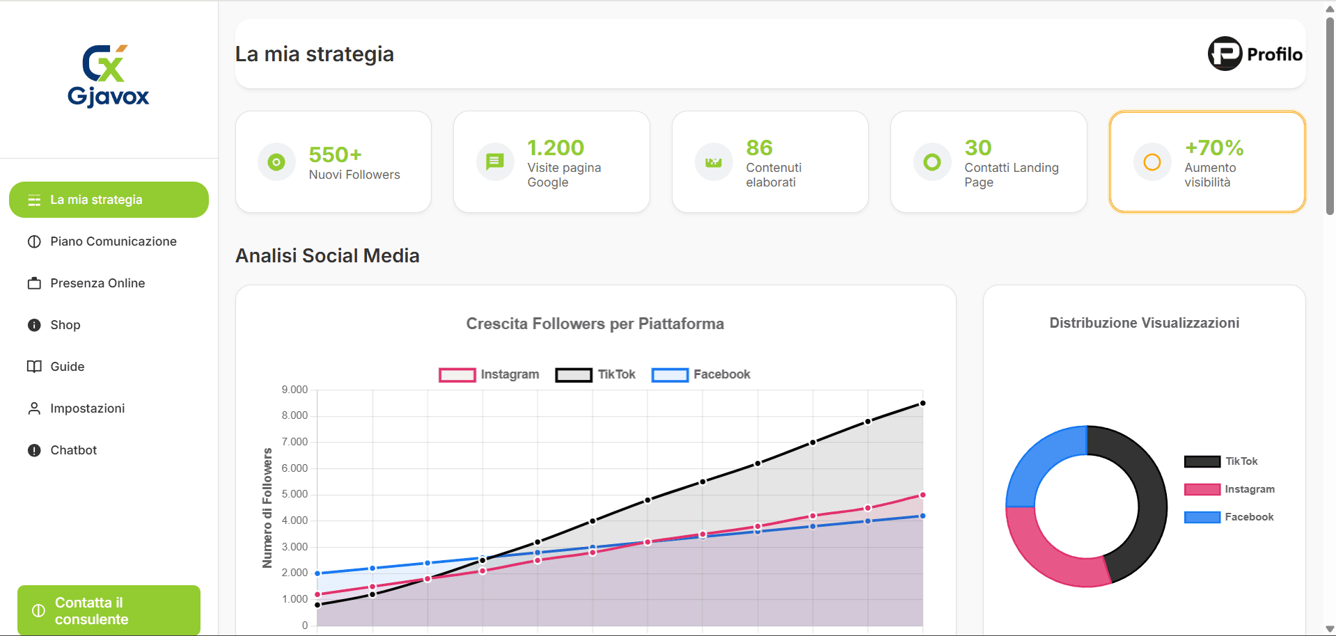 Gjavox - Dashboard e funzionalità